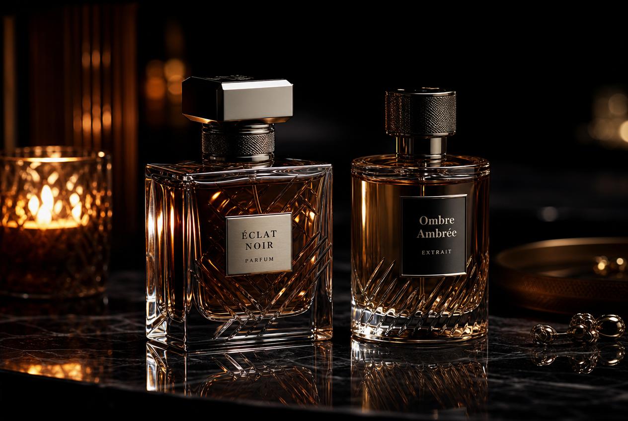 Two luxury perfume bottles on a dark reflective surface with warm candlelight