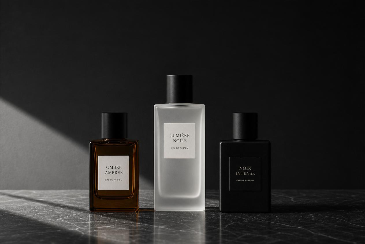 Three luxury perfume bottles on a dark marble surface with dramatic side lighting