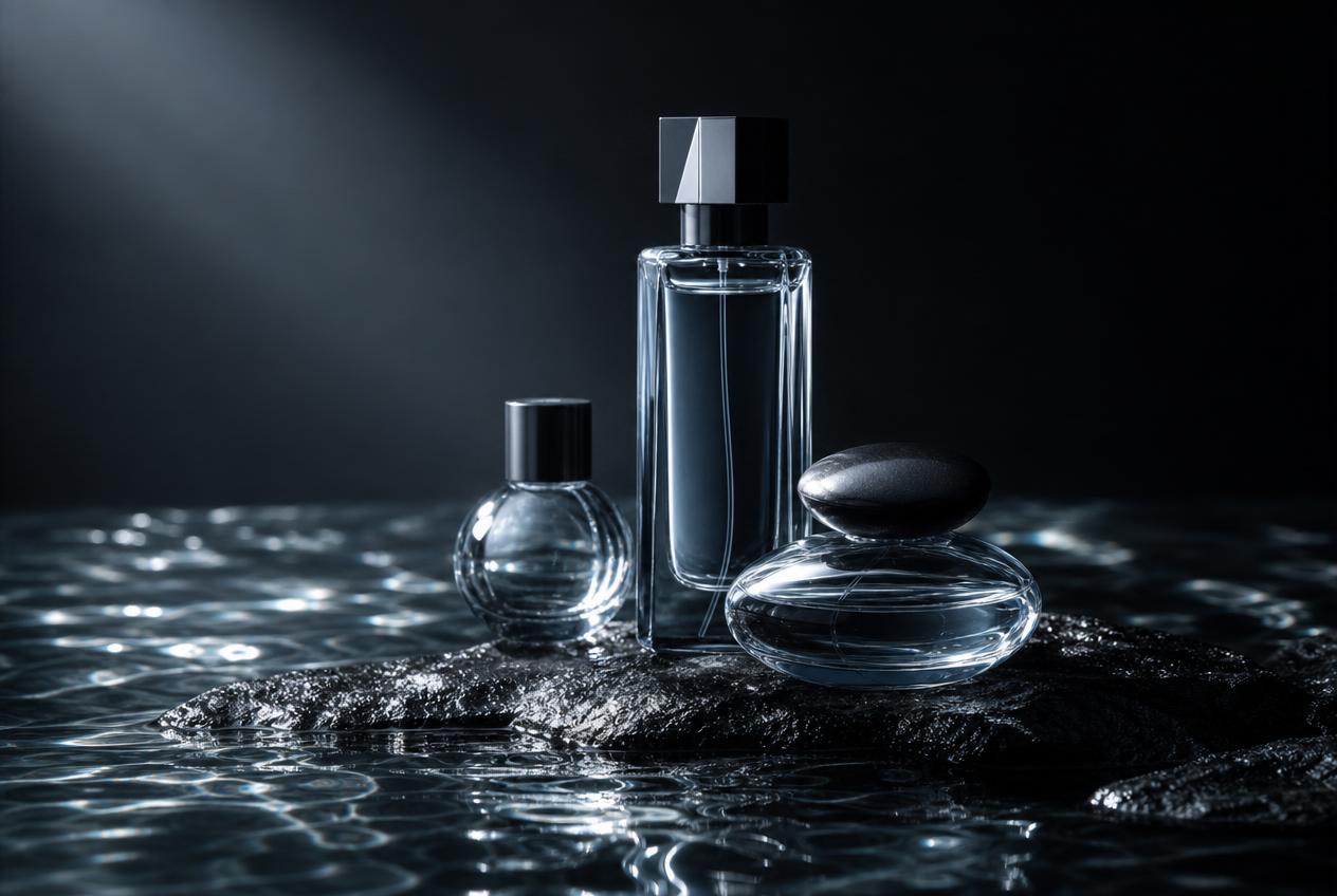 Minimalist perfume bottles on a sun-drenched surface near still water, light refracting through glass